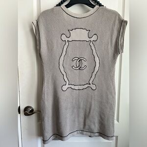 CHANEL RARE Coco CC Knit Top & Cardigan Sweater Set Logo Crochet Grey Taupe 42